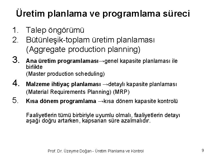 Üretim planlama ve programlama süreci 1. Talep öngörümü 2. Bütünleşik-toplam üretim planlaması (Aggregate production