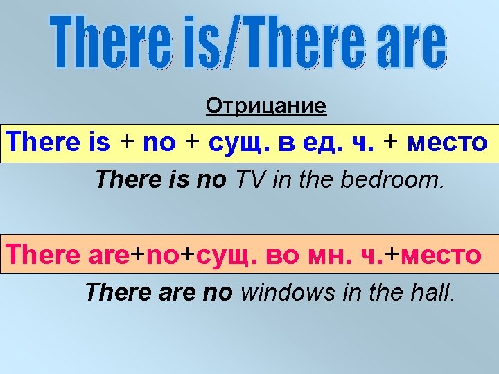 Отрицание There is + no + сущ. в ед. ч. + место There is