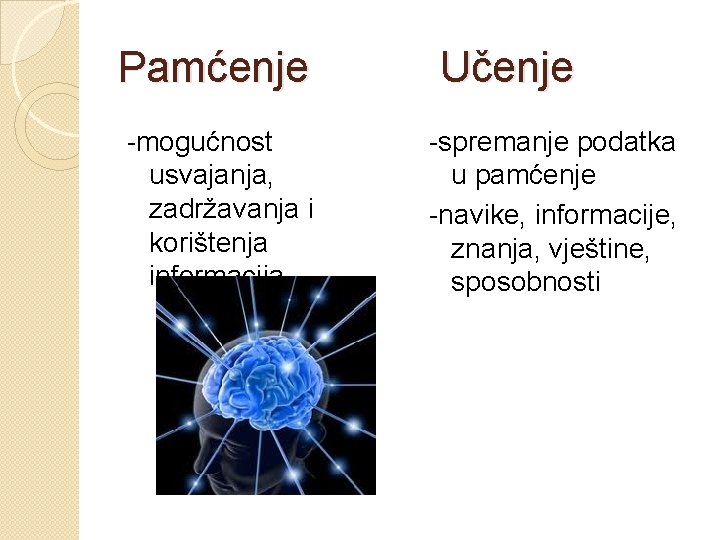 Pamćenje -mogućnost usvajanja, zadržavanja i korištenja informacija Učenje -spremanje podatka u pamćenje -navike, informacije,