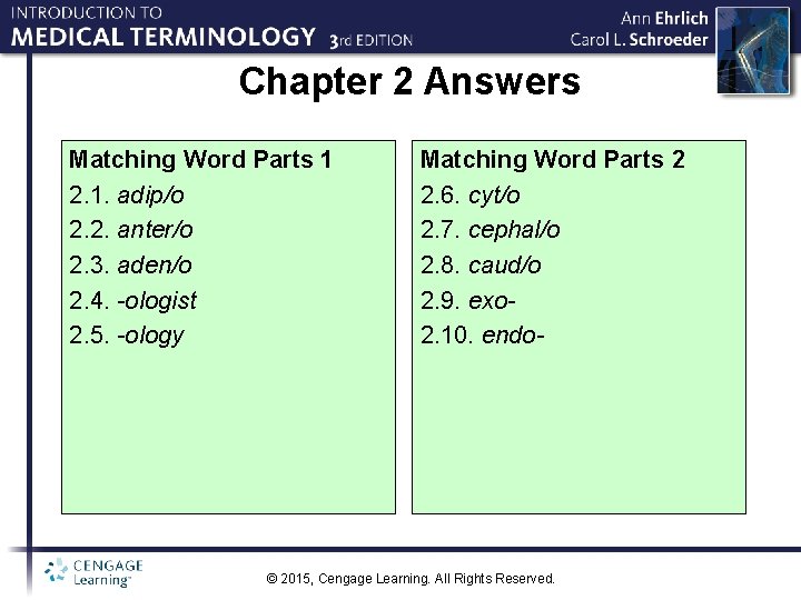 Chapter 2 Answers Matching Word Parts 1 2. 1. adip/o 2. 2. anter/o 2.