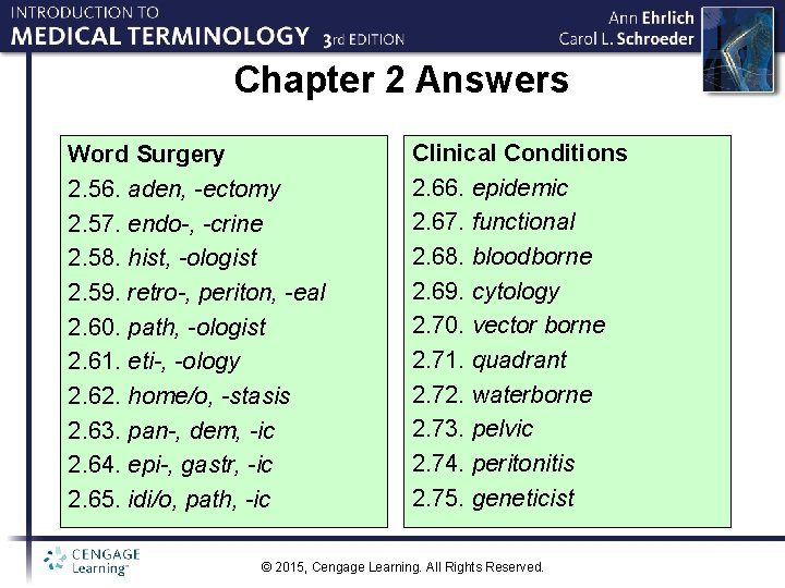 Chapter 2 Answers Word Surgery 2. 56. aden, -ectomy 2. 57. endo-, -crine 2.