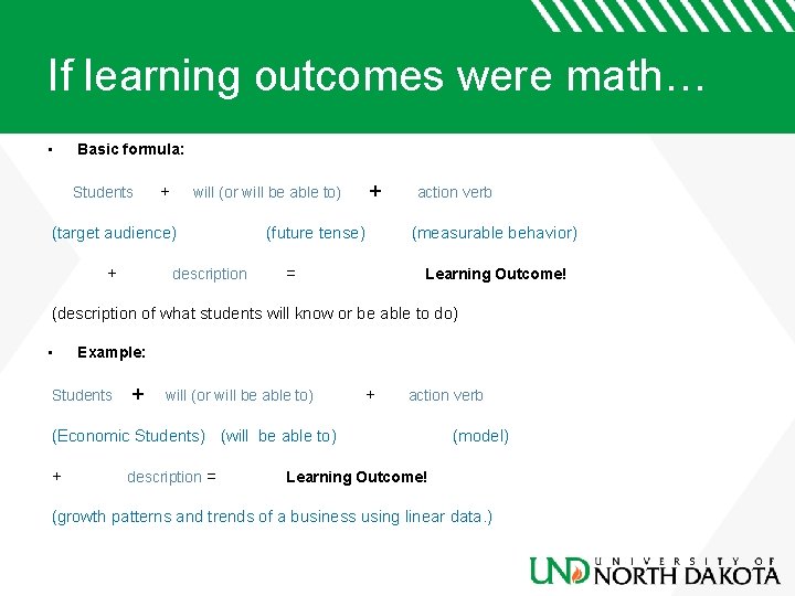 If learning outcomes were math… • Basic formula: Students + will (or will be