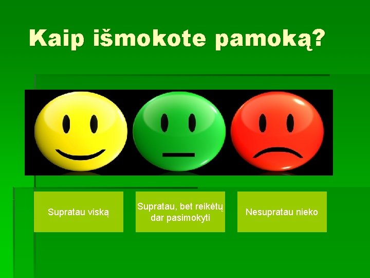 Kaip išmokote pamoką? Supratau viską Supratau, bet reikėtų dar pasimokyti Nesupratau nieko 