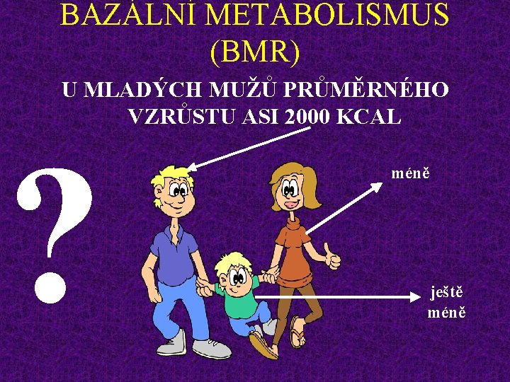 BAZÁLNÍ METABOLISMUS (BMR) U MLADÝCH MUŽŮ PRŮMĚRNÉHO VZRŮSTU ASI 2000 KCAL ? méně ještě