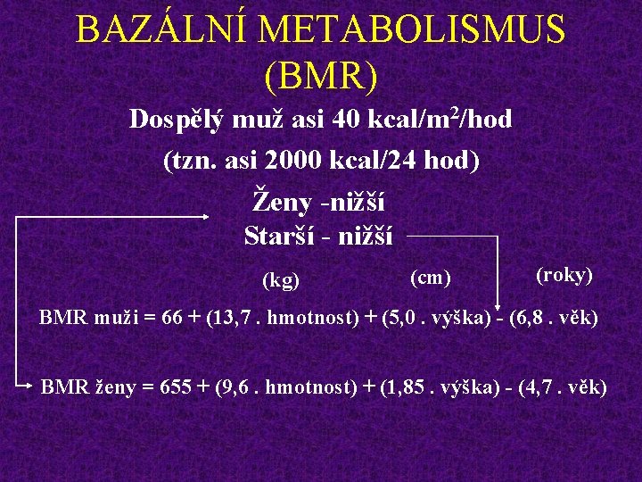 BAZÁLNÍ METABOLISMUS (BMR) Dospělý muž asi 40 kcal/m 2/hod (tzn. asi 2000 kcal/24 hod)