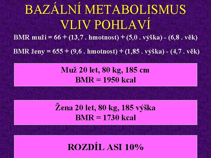BAZÁLNÍ METABOLISMUS VLIV POHLAVÍ BMR muži = 66 + (13, 7. hmotnost) + (5,