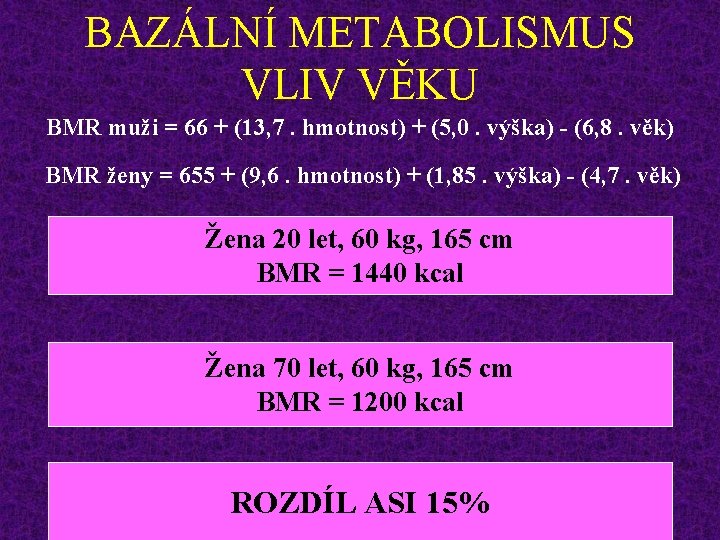 BAZÁLNÍ METABOLISMUS VLIV VĚKU BMR muži = 66 + (13, 7. hmotnost) + (5,