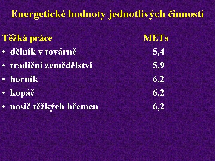 Energetické hodnoty jednotlivých činností Těžká práce METs • dělník v továrně 5, 4 •