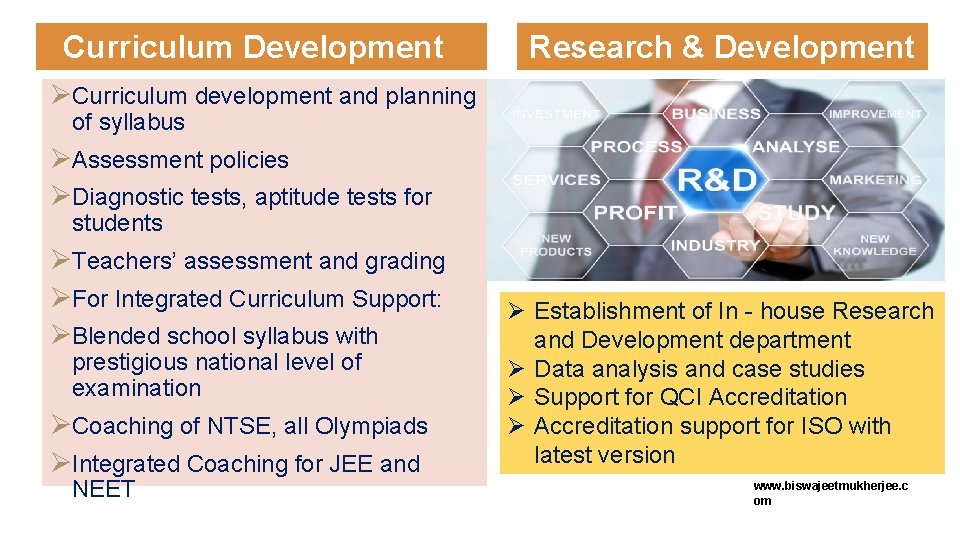 Curriculum Development ØCurriculum development and planning Research & Development of syllabus ØAssessment policies ØDiagnostic