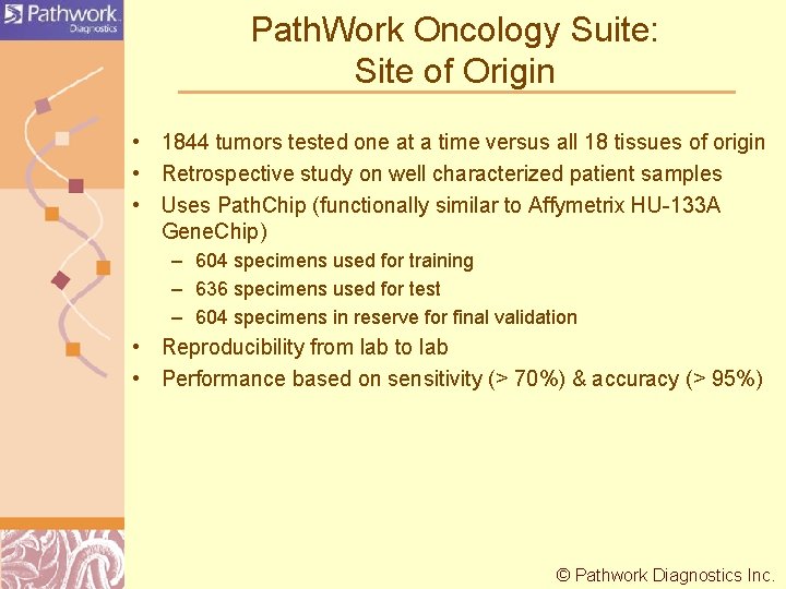 Path. Work Oncology Suite: Site of Origin • 1844 tumors tested one at a