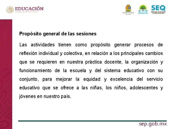 Propósito general de las sesiones Las actividades tienen como propósito generar procesos de reflexión