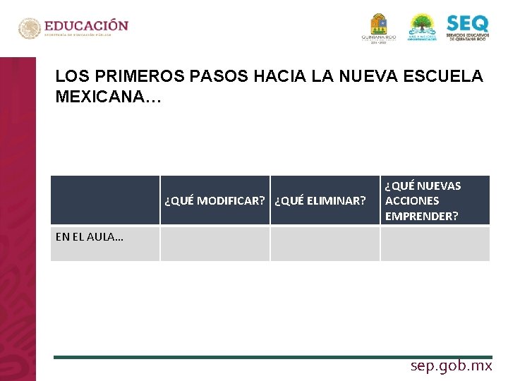 LOS PRIMEROS PASOS HACIA LA NUEVA ESCUELA MEXICANA… LA NUEVA ESCUELA MEXICANA ¿QUÉ MODIFICAR?