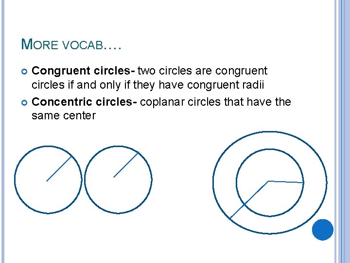 MORE VOCAB…. Congruent circles- two circles are congruent circles if and only if they