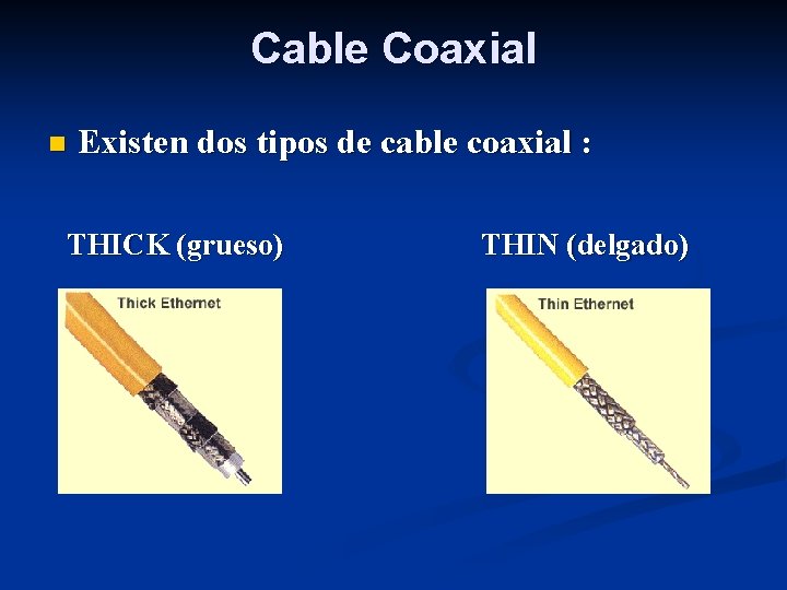 Cable Coaxial n Existen dos tipos de cable coaxial : THICK (grueso) THIN (delgado)