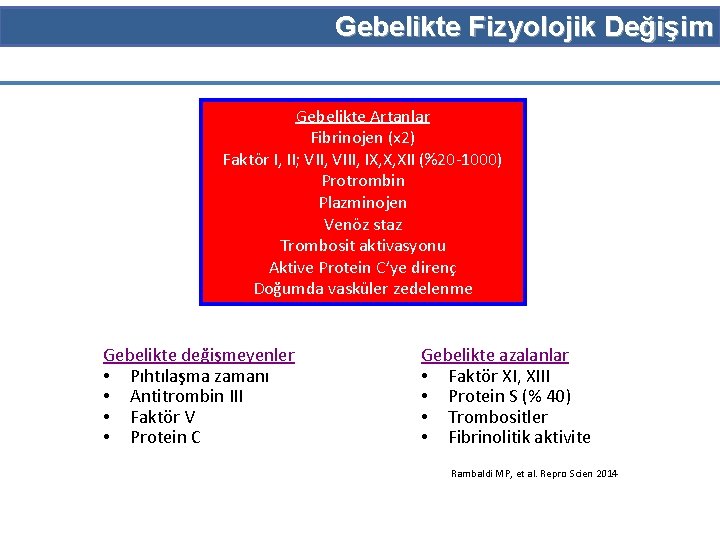 Gebelikte Fizyolojik Değişim Gebelikte Artanlar Fibrinojen (x 2) Faktör I, II; VII, VIII, IX,