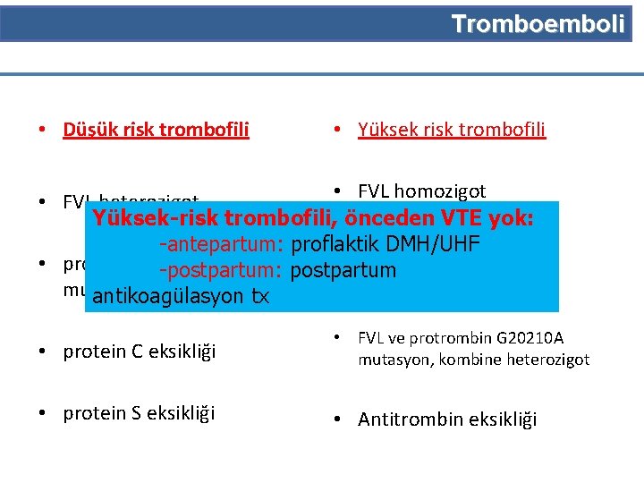 Tromboemboli • Düşük risk trombofili • Yüksek risk trombofili • FVL homozigot • FVL