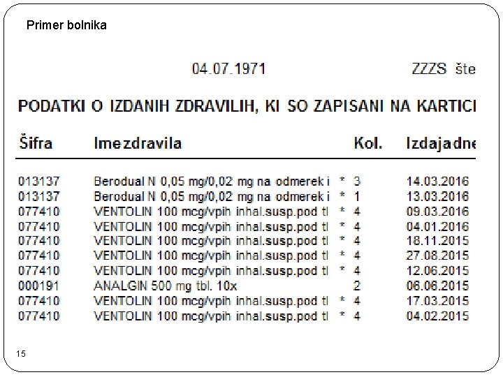 Primer bolnika 15 