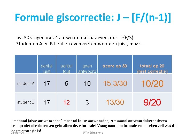 Formule giscorrectie: J – [F/(n-1)] bv. 30 vragen met 4 antwoordalternatieven, dus J-(F/3). Studenten