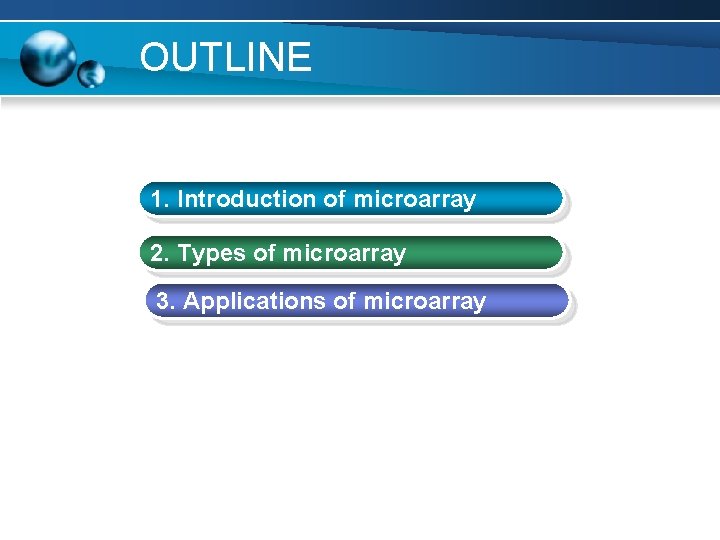 OUTLINE 1. Introduction of microarray 2. Types of microarray 3. Applications of microarray 