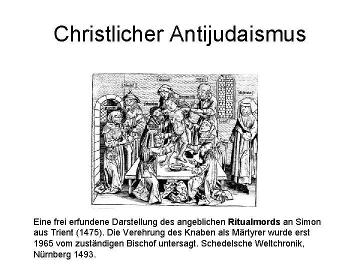 Christlicher Antijudaismus Eine frei erfundene Darstellung des angeblichen Ritualmords an Simon aus Trient (1475).