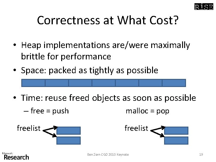 Correctness at What Cost? • Heap implementations are/were maximally brittle for performance • Space: