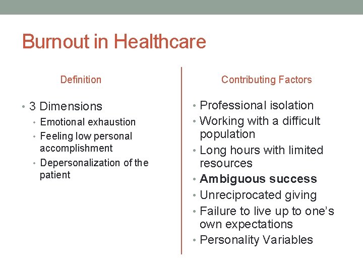 Burnout in Healthcare Definition • 3 Dimensions • Emotional exhaustion • Feeling low personal