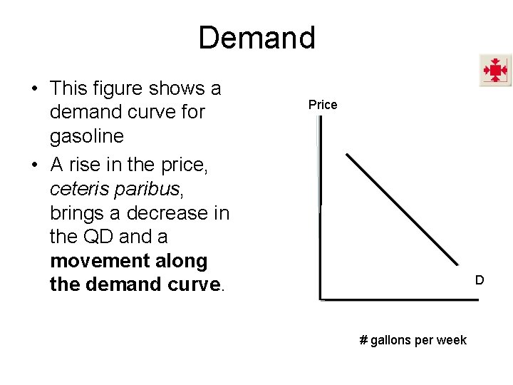 Demand • This figure shows a demand curve for gasoline • A rise in