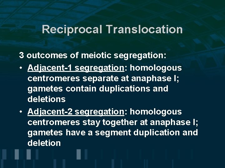 Reciprocal Translocation 3 outcomes of meiotic segregation: • Adjacent-1 segregation: homologous centromeres separate at