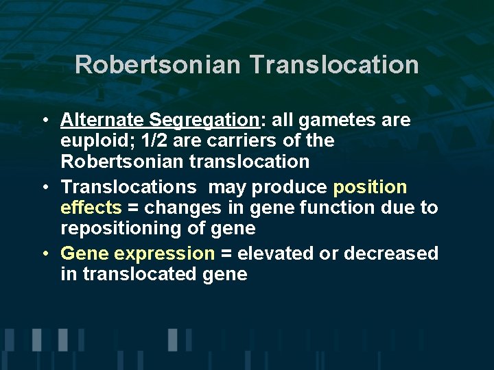 Robertsonian Translocation • Alternate Segregation: all gametes are euploid; 1/2 are carriers of the