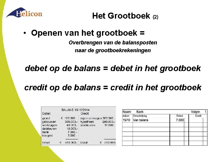 Het Grootboek (2) • Openen van het grootboek = Overbrengen van de balansposten naar