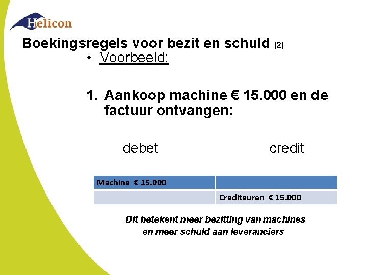 Boekingsregels voor bezit en schuld (2) • Voorbeeld: 1. Aankoop machine € 15. 000