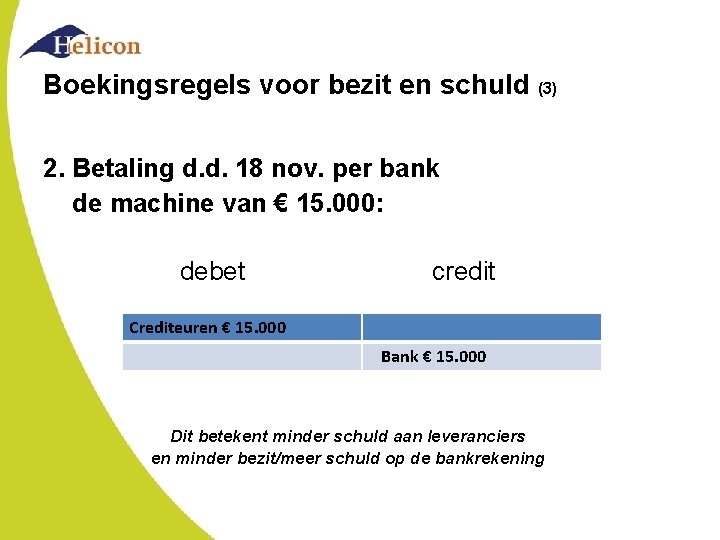 Boekingsregels voor bezit en schuld (3) 2. Betaling d. d. 18 nov. per bank