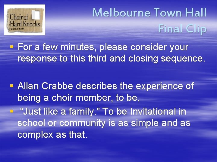 Melbourne Town Hall Final Clip § For a few minutes, please consider your response