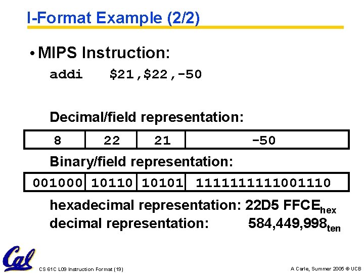I-Format Example (2/2) • MIPS Instruction: addi $21, $22, -50 Decimal/field representation: 8 22