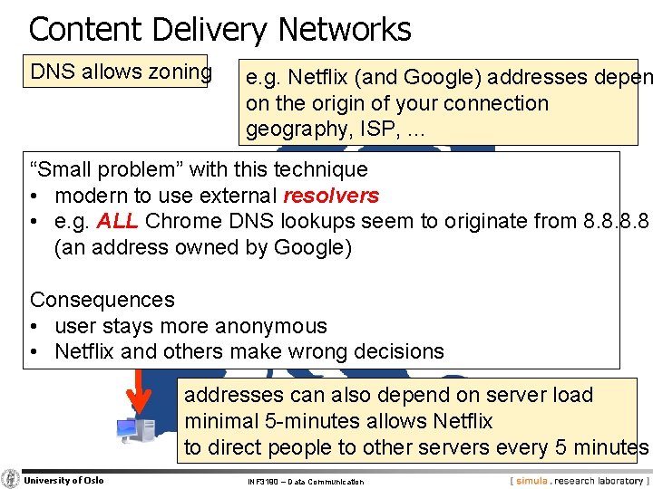 Content Delivery Networks DNS allows zoning e. g. Netflix (and Google) addresses depen on