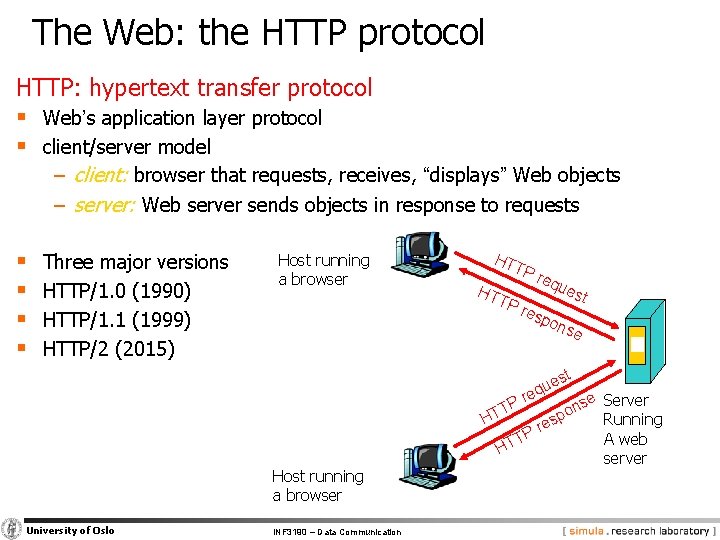 The Web: the HTTP protocol HTTP: hypertext transfer protocol § Web’s application layer protocol