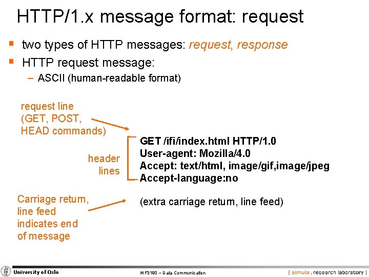 HTTP/1. x message format: request § two types of HTTP messages: request, response §