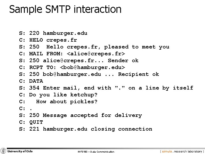 Sample SMTP interaction S: C: S: C: C: C: S: 220 hamburger. edu HELO