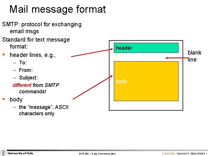 Mail message format SMTP: protocol for exchanging email msgs Standard for text message format: