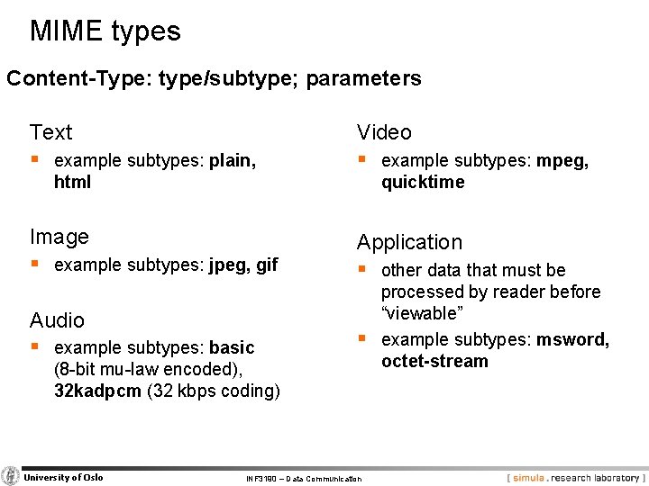 MIME types Content-Type: type/subtype; parameters Text § example subtypes: plain, Video § example subtypes: