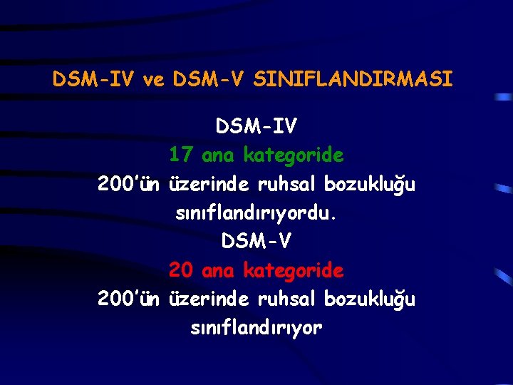 DSM-IV ve DSM-V SINIFLANDIRMASI DSM-IV 17 ana kategoride 200’ün üzerinde ruhsal bozukluğu sınıflandırıyordu. DSM-V
