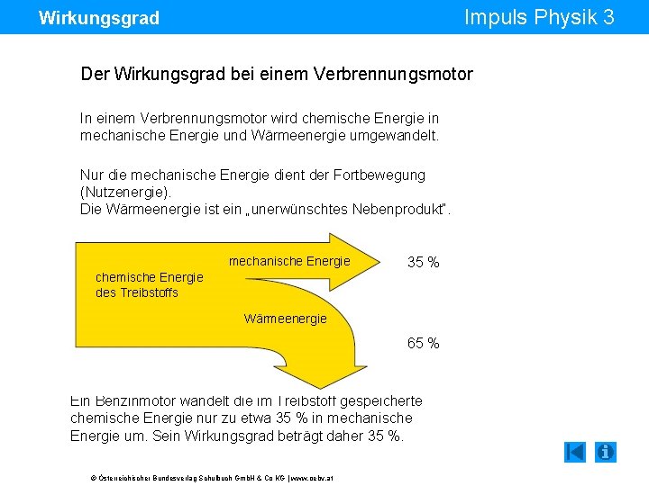 Impuls Physik 3 Wirkungsgrad Der Wirkungsgrad bei einem Verbrennungsmotor In einem Verbrennungsmotor wird chemische