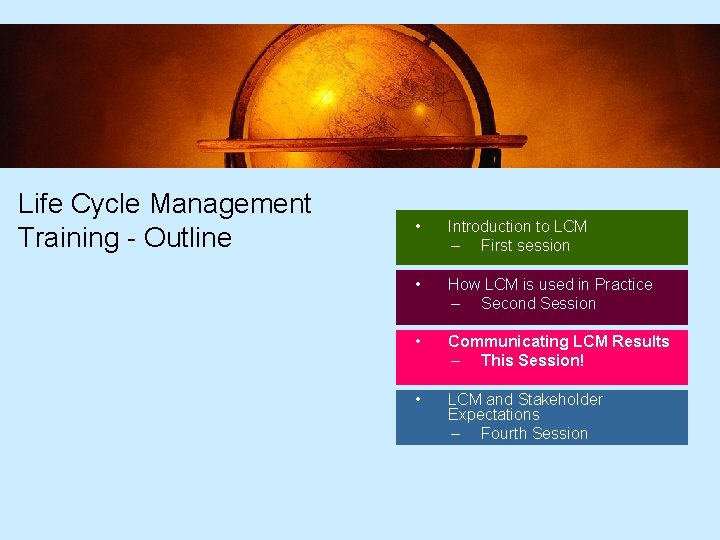 Life Cycle Management Training - Outline • Introduction to LCM – First session •