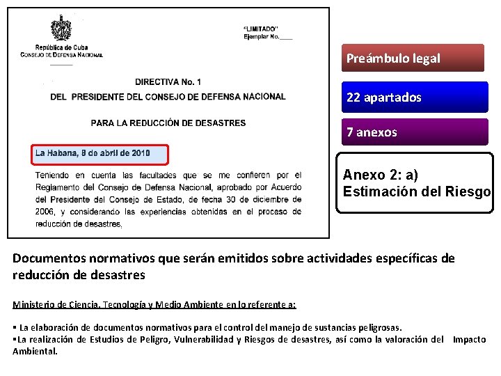 Preámbulo legal 22 apartados 7 anexos Anexo 2: a) Estimación del Riesgo Documentos normativos