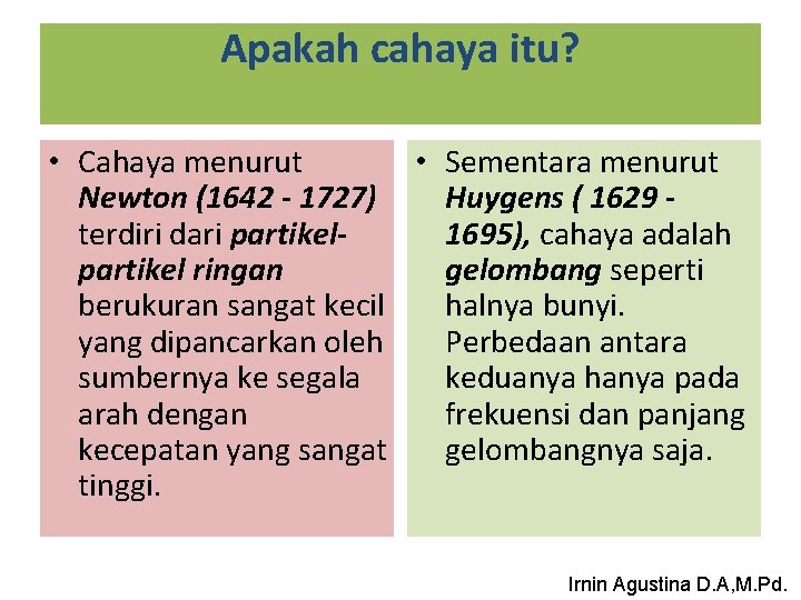 Apakah cahaya itu? • Cahaya menurut • Sementara menurut Newton (1642 - 1727) Huygens