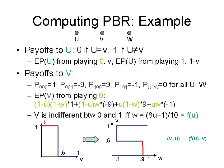 Computing PBR: Example U V W • Payoffs to U: 0 if U=V, 1