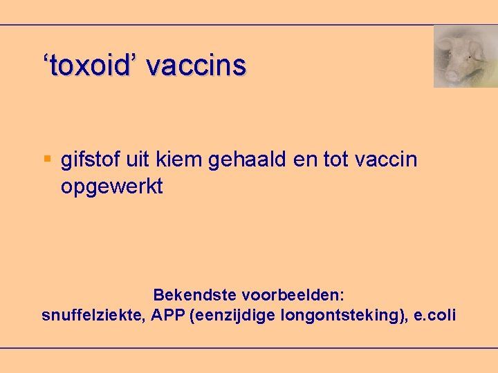 ‘toxoid’ vaccins gifstof uit kiem gehaald en tot vaccin opgewerkt Bekendste voorbeelden: snuffelziekte, APP