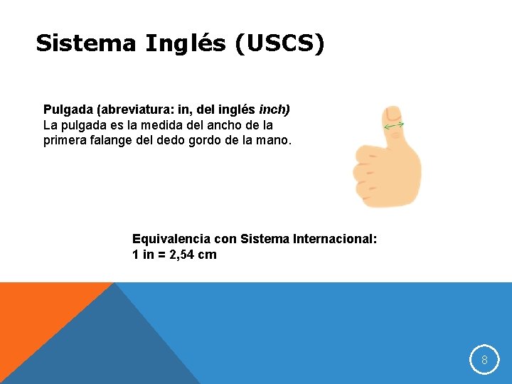 Sistema Inglés (USCS) Pulgada (abreviatura: in, del inglés inch) La pulgada es la medida