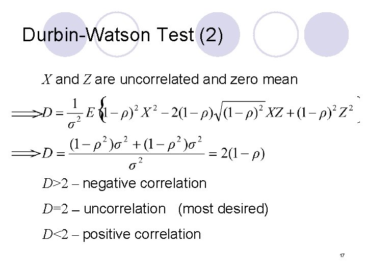 Durbin-Watson Test (2) X and Z are uncorrelated and zero mean D>2 – negative